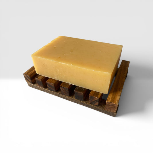 Lemon Verbena Soap on wood soap dish